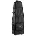 A black guitar case stands upright showcasing padded interior sections for protection while featuring wheels and a carrying handle for mobility in various environments.