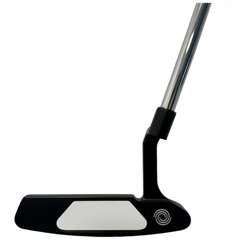 A black and white golf putter stands upright on a plain white background showcasing its flat face and sleek design highlighting a round logo near the heel of the club