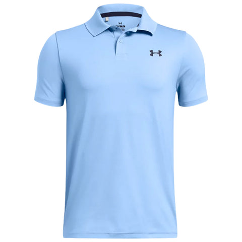 A light blue polo shirt is displayed with a collar and short sleeves featuring a dark logo on the left side the shirt is smooth and tailored for a casual yet polished look