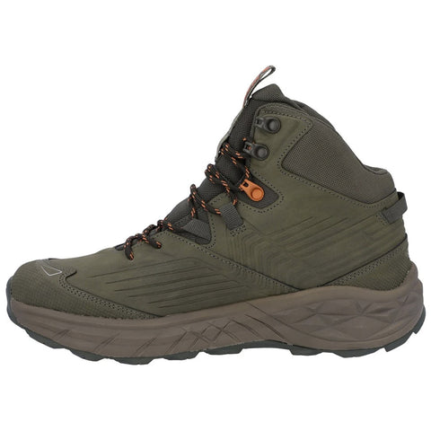 A green high-top hiking shoe is showcased with textured surfaces and orange accents featuring laces and eyelets highlighting its design suitable for outdoor activities. The background is plain white.