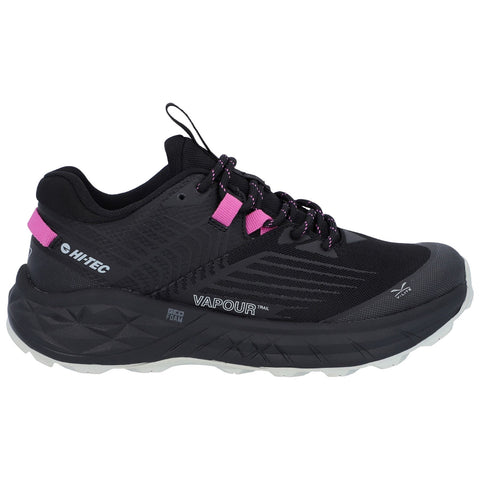 A running shoe is displayed featuring a black upper with pink accents and laces it is designed for trail running with a textured sole for grip and support.