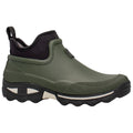 A green waterproof boot is displayed standing upright featuring a black neoprene collar and a textured rubber sole designed for outdoor activities. The boot is streamlined and functional.