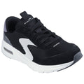 A black athletic shoe is displayed with a mesh upper and white accents the shoe features a cushioned sole and is designed for comfort and support in active environments