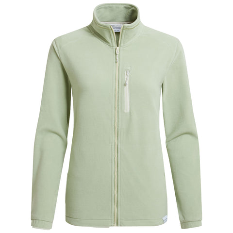 A light green fleece jacket hangs upright displaying a full zipper and a small chest pocket ideal for casual wear in cool environments.