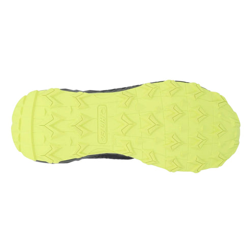 A black shoe sole with a bright yellow tread pattern is displayed. The sole shows pointed grooves designed for grip in outdoor activities, suggesting use on rugged terrain.