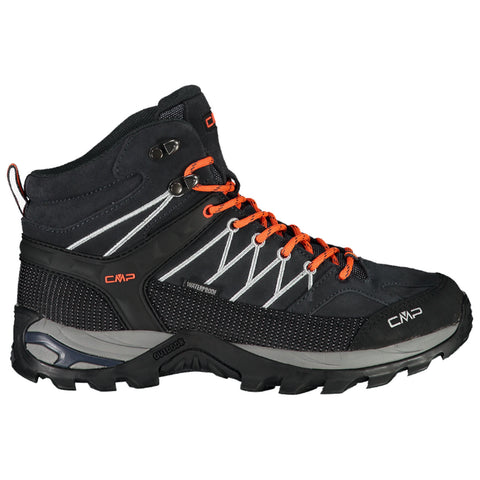 A black waterproof hiking boot features orange shoelaces and reflective accents positioned upright against a plain background highlighting its rugged design and outdoor functionality