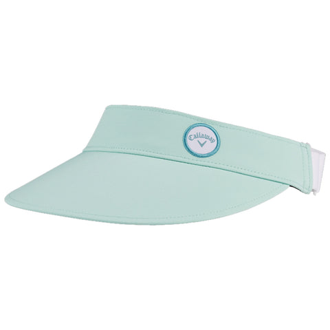 A mint green visor is displayed featuring a branded logo on the front The visor has a wide brim for sun protection and an adjustable band for a secure fit