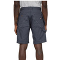 Dark gray cargo shorts are being worn by a person standing still while facing away. The shorts feature multiple pockets and a comfortable fit with a casual gray t-shirt visible above.