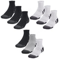 Four pairs of socks are displayed two pairs in black and two pairs in gray and white arranged in two rows each featuring a ribbed design and reinforced toes.