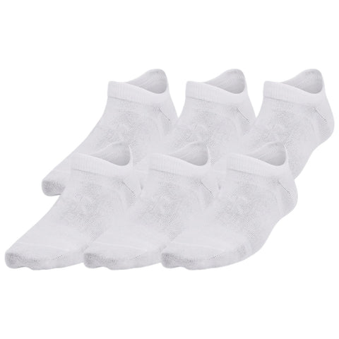 A pack of six white ankle socks is displayed neatly side by side with short, ribbed cuffs and a textured design for comfort, suitable for casual or athletic wear.