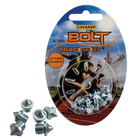 A pack of twelve silver track spikes is displayed arranged in a circular plastic holder with a sports background featuring runners on a track along with product details and branding.