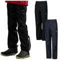 Black and dark blue outdoor pants are displayed with a person wearing black ones alongside hiking shoes. The setting suggests an outdoor or active context suitable for trekking or hiking activities.