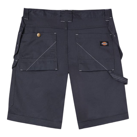 Dark gray shorts featuring two large back pockets with contrasting stitching and a brand label on one side are designed for casual or work use with a sturdy appearance.