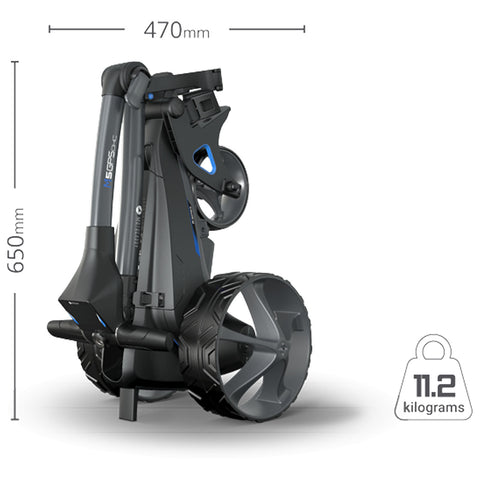 A folded golf trolley is displayed with dimensions of 470mm width and 650mm height alongside a weight of 11.2 kilograms indicated in a graphic on the side.