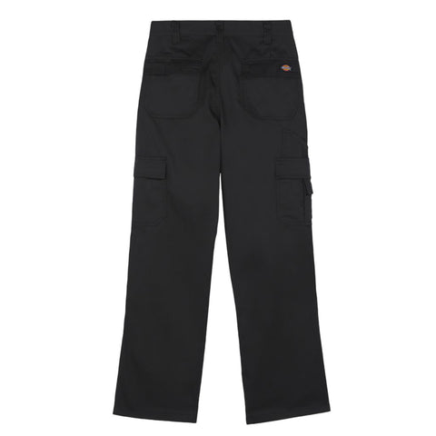 Black cargo pants are displayed upright showing the back with multiple pockets and a logo tag at the waistband in a neutral background highlighting the pants' design and features.