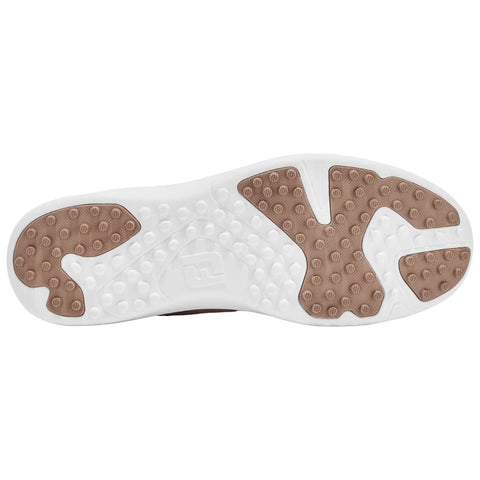 A sneaker sole with a brown rubber section and a white base features textured patterns for traction showcasing the brand logo in the center surrounded by rounded and directional grooves