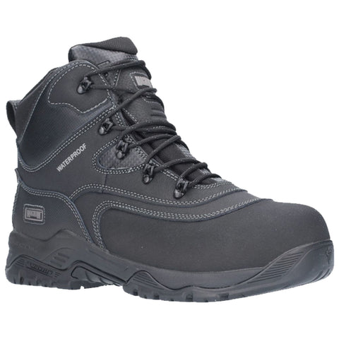 A black waterproof hiking boot stands upright showcasing its durable material and lace-up design with metal eyelets offering support and traction ideal for outdoor activities on various terrains.