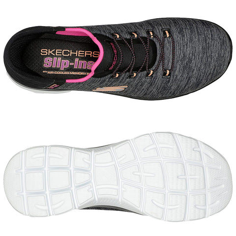 A black and gray Skechers slip-on shoe featuring a pink inner lining is displayed above and a white textured sole is shown below, highlighting its comfort-focused design.