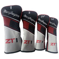 Four golf club headcovers are arranged in ascending order of size. Each headcover displays a sleek design with black red and gray colors and features the brand MacGregor and model Z71.