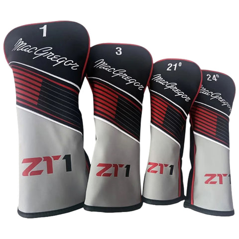 Four golf club headcovers are arranged in ascending order of size. Each headcover displays a sleek design with black red and gray colors and features the brand MacGregor and model Z71.