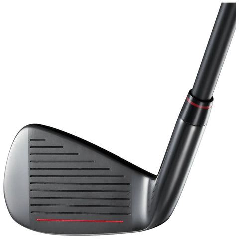 A golf club head with a sleek black design and prominent horizontal grooves is positioned at an angle displaying its smooth surface and striking red accents on the shaft.