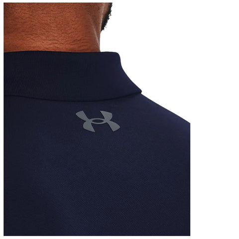 A dark navy polo shirt is displayed from the back with a visible collar and a subtle logo located on the upper back area showcasing a sportswear design typically worn during casual or athletic activities.