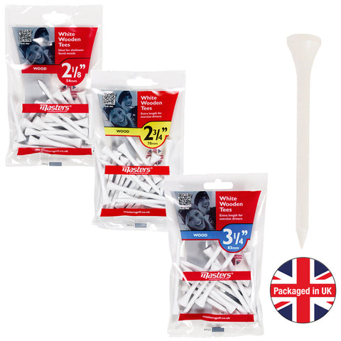 Three packages of white wooden golf tees are displayed with different lengths and a single tee positioned beside them. Each package features a red label with product information and images.