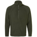 A dark green fleece pullover features a half-zip closure at the neck with long sleeves and a simple, casual design suitable for outdoor or indoor wear.