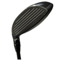 A golf club head is angled upwards showcasing its shiny black surface with distinct grooves along the face and adjustable settings visible on the shaft, highlighting its function for precision in play.