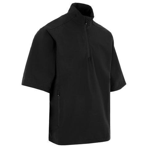 A short-sleeved black jacket features a stand-up collar and a half-zip front The design includes two zippered side pockets suitable for casual wear or outdoor activities