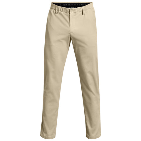 Beige golf chinos are displayed standing upright, featuring a simple design with a button closure and straight legs, appropriate for casual or semi-formal wear, against a plain white background.