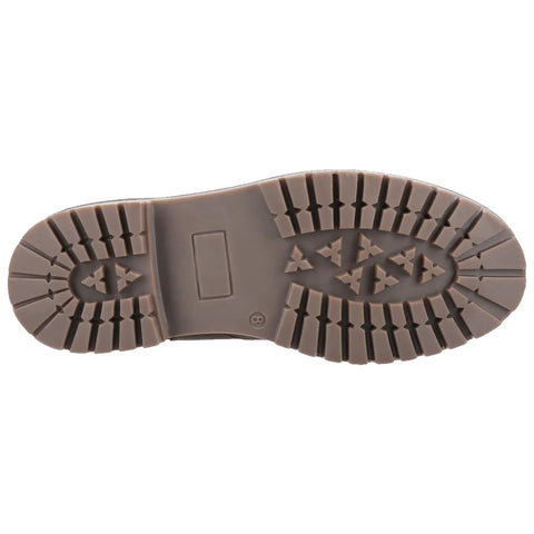 A brown boot sole is displayed with prominent tread patterns designed for traction resting on a flat white surface suggesting potential outdoor or rugged use.