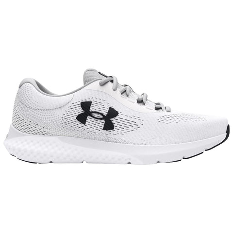 A white athletic shoe with a textured design features black branding and laces. It is displayed on a plain background, emphasizing its sleek and modern appearance suitable for running or exercise.