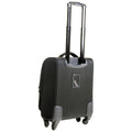 A black suitcase on wheels with an extendable handle stands upright displaying a textured exterior and a name tag holder at the front ready for travel or storage.