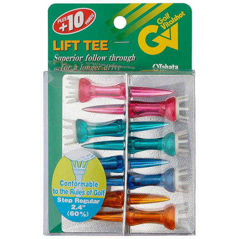 Colorful golf tees are arranged in a clear package with eight tees including pink blue and orange. The context indicates they are designed for golfers aiming for longer drives.