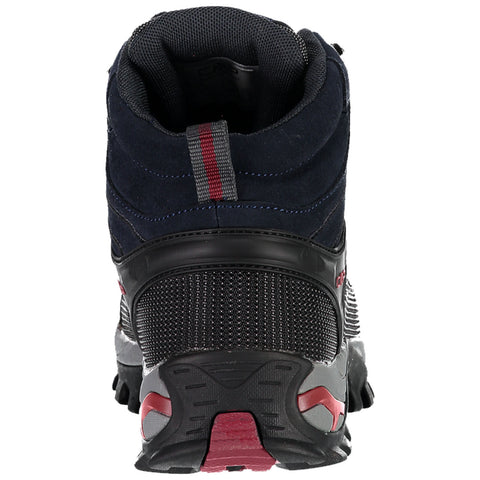 A hiking shoe is presented facing backward showcasing a padded collar and a durable rubber sole with a textured design the color scheme includes navy blue black and red elements