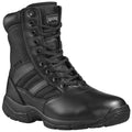 A black tactical boot features a sturdy leather and mesh design with multiple lace holes for a secure fit ideal for outdoor or work environments emphasizing durability and support.