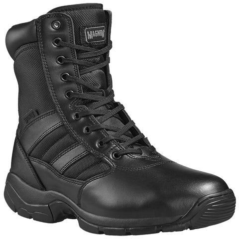 A black tactical boot features a sturdy leather and mesh design with multiple lace holes for a secure fit ideal for outdoor or work environments emphasizing durability and support.