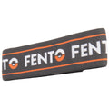 FENTO Elastics A gray fabric band displays the words FENTO in white, bordered by orange lines. The band lies flat against a neutral background, emphasizing its design and branding.