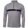 A gray long-sleeve athletic top features a high collar and a quarter-length zipper. It has a black horizontal stripe with the text "DKNY" in white, suitable for casual or sporty contexts.