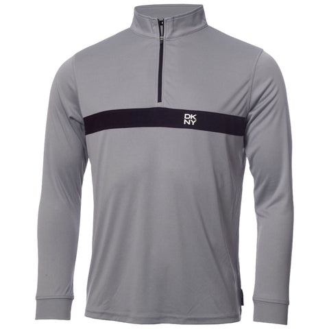 A gray long-sleeve athletic top features a high collar and a quarter-length zipper. It has a black horizontal stripe with the text "DKNY" in white, suitable for casual or sporty contexts.