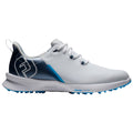 A white athletic shoe with a blue accent and a textured surface is positioned sideways showcasing its design features in a neutral background emphasizing the shoe's sporty style.