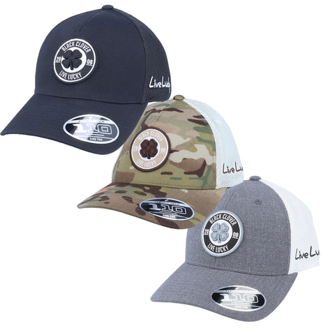 Three baseball caps are displayed. One is black with a clover logo. The second is camouflage with a similar logo. The third is gray with a white mesh back.