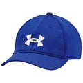 A blue baseball cap featuring a white logo is positioned upright displaying its curved brim and structured crown in a neutral setting with no additional context or background elements.