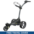 A black golf trolley with three wheels is positioned upright showcasing its handle and space for a golf bag its design suggests convenience for transporting golf equipment on the course. FREE TRAVEL COVER