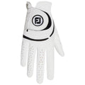 A white golf glove with a black logo is displayed. The glove's fingers are partly spread, showing perforations for grip and breathability. It is presented against a plain background.