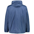 A blue hooded jacket hangs displayed backwards showcasing its smooth fabric and loose fit in a neutral setting likely designed for outdoor wear or casual use.