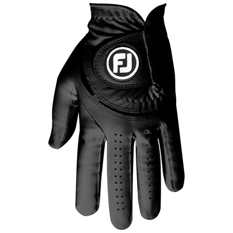 A black golf glove with a smooth leather exterior is displayed with fingers extended showcasing ventilation holes for grip and movement, designed for use in sporting contexts like golf.