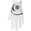 A white golf glove is positioned upright showcasing its smooth leather texture and black accents with perforations for breathability emphasizing its design for comfort and grip in golfing contexts.