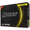 A box of Srixon Z-Star golf balls features a black background with yellow accents showcasing the brand logo and product name designed to indicate new visual performance enhancements.